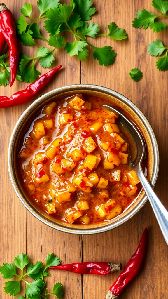A bowl of spicy onion chutney with a spoon, garnished with coriander, on a wooden table.